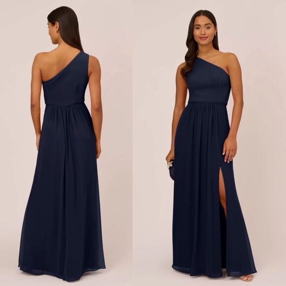 Adrianna Papell Dresses & Skirts - Adrianna Papell Chiffon One Shoulder Maxi Dress Gown Pleated Navy Blue 14